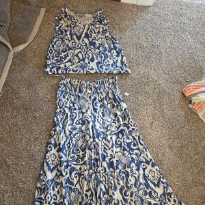 CeCe Blue and Cream Patterned Pant Set